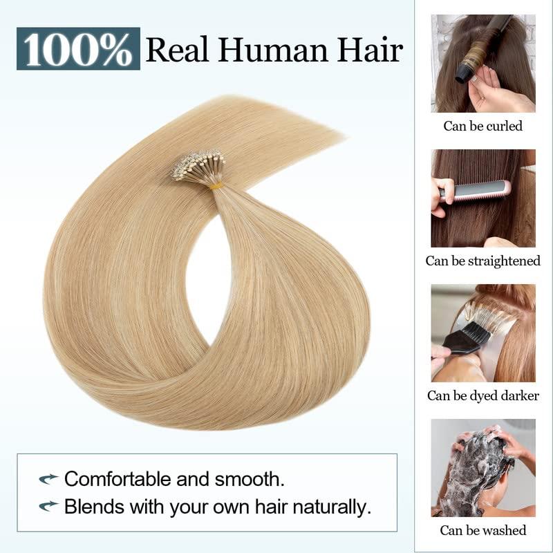 TESS Nano Ring Hair Extensions Human Hair,TESS Nano Tip Hair Extensions Human Hair,Pre-Bonded Nano Bead Extensions Human Hair,Nano Bead Hair Extension #18P613 Ash Blonde&Bleach Blonde 50g 50strands 18 Inch