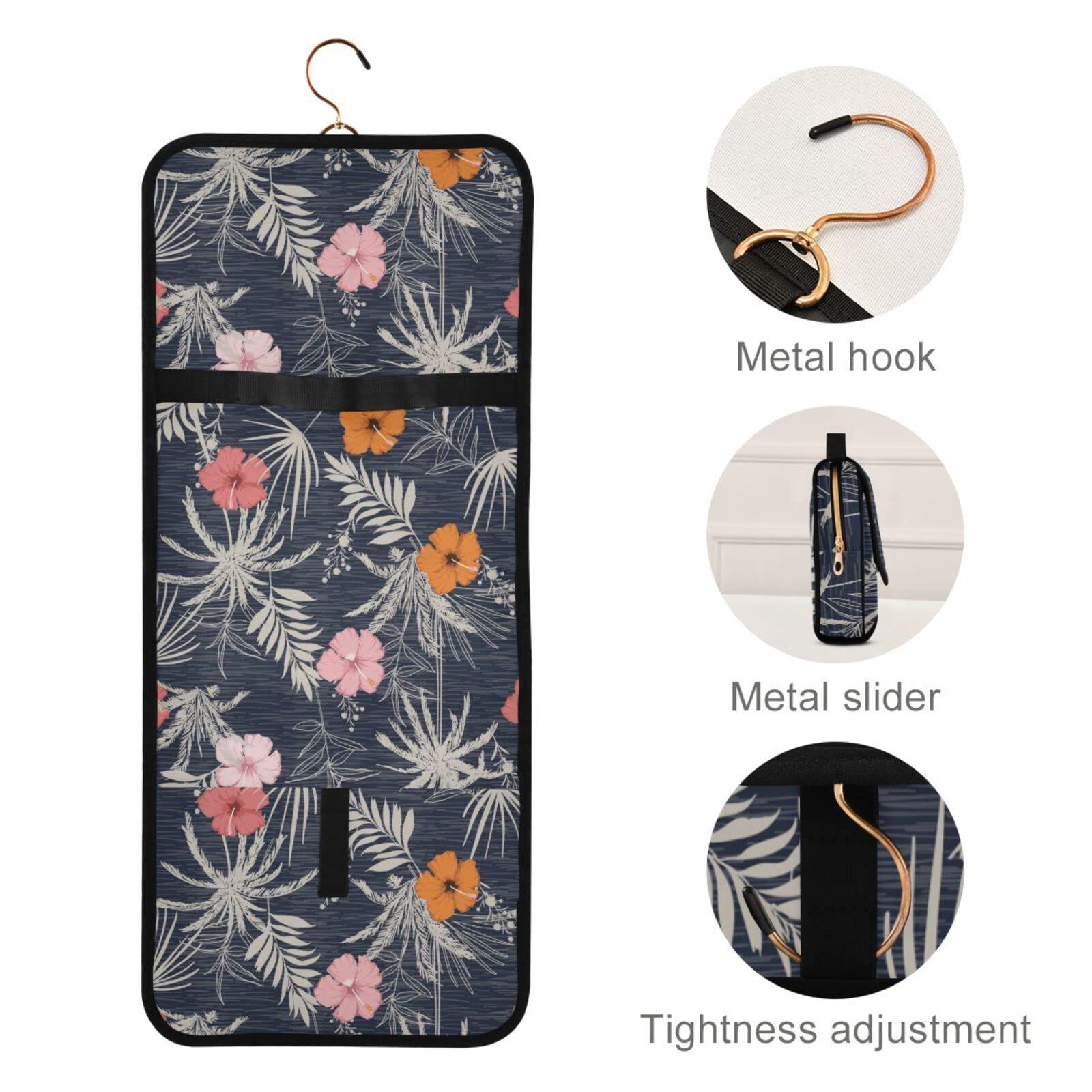 Oyihfvs Trendy Hawaii Tropical Exotic Hibiscus Flowers with Palm Leaves 3 PCs Set Toiletry bags, 1 Women\'s Travel Cosmetic Bag, 1 Hanging Toiletry Wash Bag, 1 Brush Case, Portable Makeup Storage Case