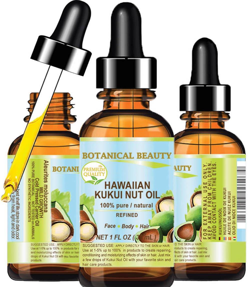Botanical Beauty KUKUI NUT OIL 100% Pure Natural Virgin Unrefined Cold-Pressed Carrier Oil 1 Fl oz 30 ml for Face, Skin, Body, Hair, Lip, Nails. Rich in Vitamin E by Botanical Beauty
