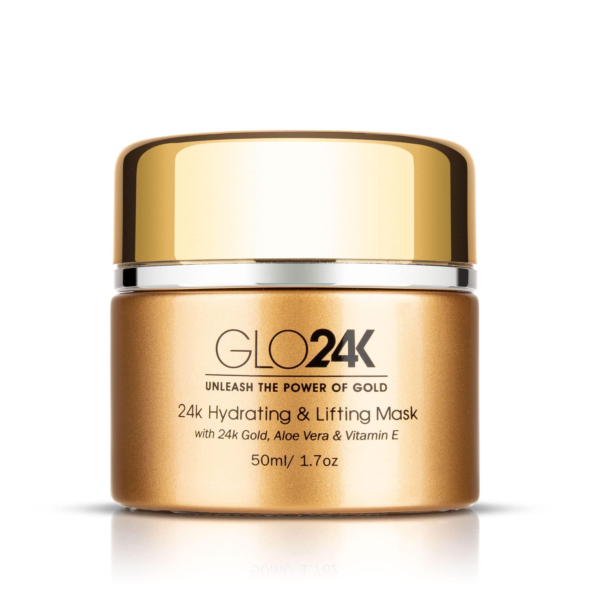 GLO24K UNLEASH THE POWER OF GOLD GLO24K Hydrating and Lifting Mask with 24k Gold, Aloe Vera, Peptides, and Vitamins. For Hydration Boost and Lifting Effect that Generates a Glowing, Radiant Complexion and Silky-Smooth Skin.