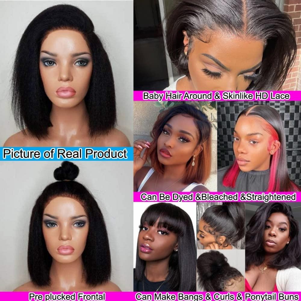 RHAH RHAH Glueless Italian Yaki Straight 13x4 HD Lace Front Wigs for Black Women 10 Inch Kinky Straight Human Hair Bob Wigs with Baby Hair Pre Plucked Bleached Knots 130% Density Free Parting