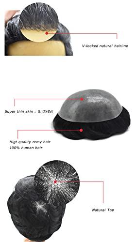 Hair Wonders HAIR WONDERS Toupee For Men Human Hair Injected Full Poly Skin Mens Hairpieces Durable Hair Replacement System Mens Toupee Hair Units (8\'\'*10\'\', 1# JET BLACK-120% medium light to medium density)