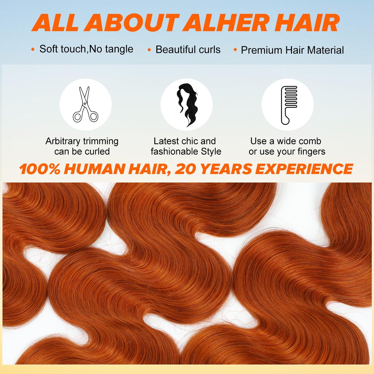 ALHER ALHER Ginger Bundles Human Hair Body Wave Ginger Bundles 350 Bundles Human Hair Sew In Weave Wavy 3 Bundles for Black Women 10A 100% Brazilian Remy Hair Soft Thick Copper Orange Color 10 12 14 Inch