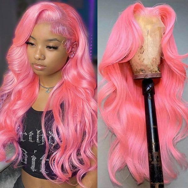 Mscathy Mscathy Pink Body Wave Lace Front Wigs Human Hair Pre Plucked 150 Density Pink Human Hair 134 Lace Front Wigs for Women(26 Inch, Pink)