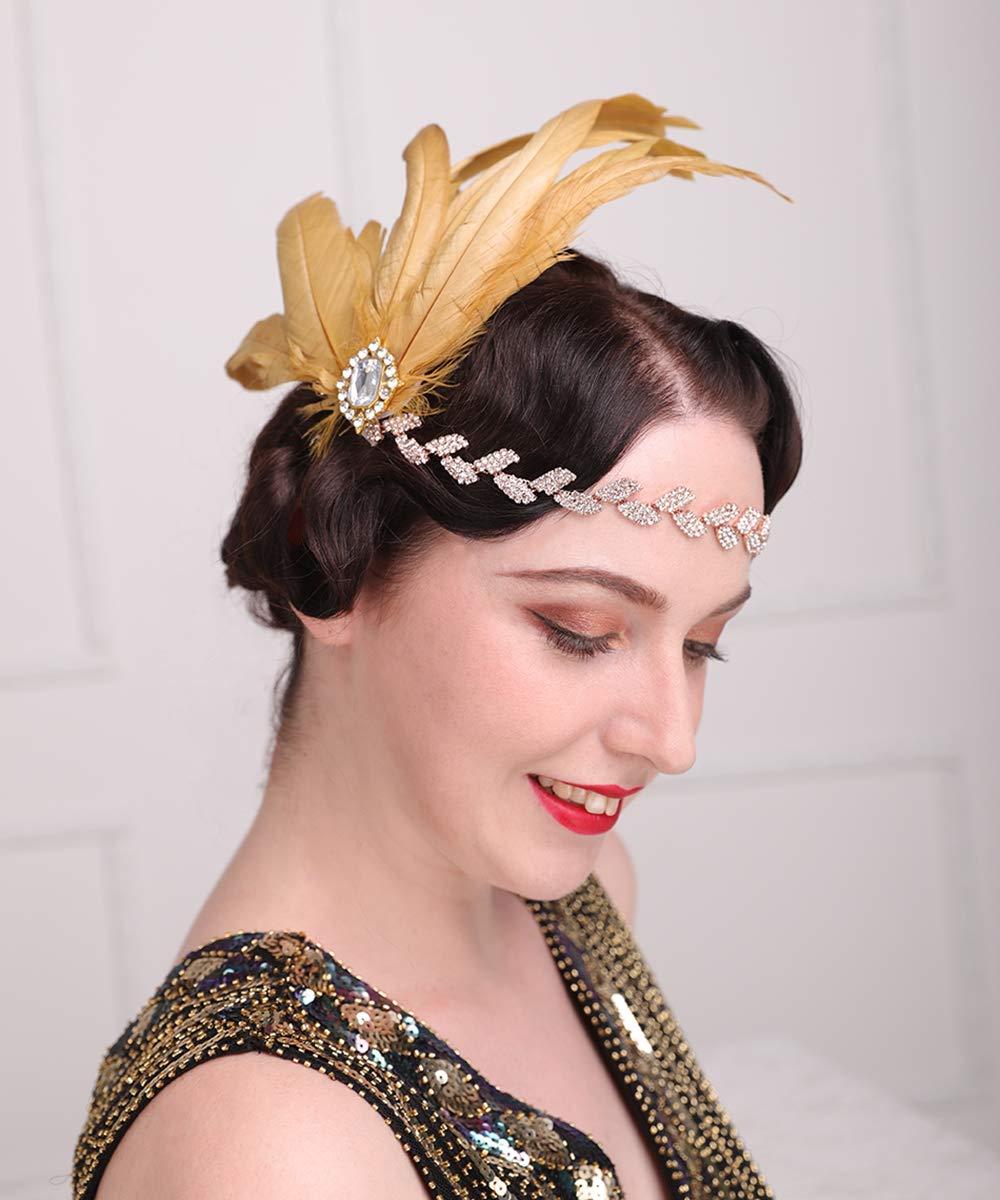 Aimimier Aimimier 1920s Flapper Peacock Feather Headband Crystal Leaf Head Chain Headpiece Prom Party Hair Accessories for Women