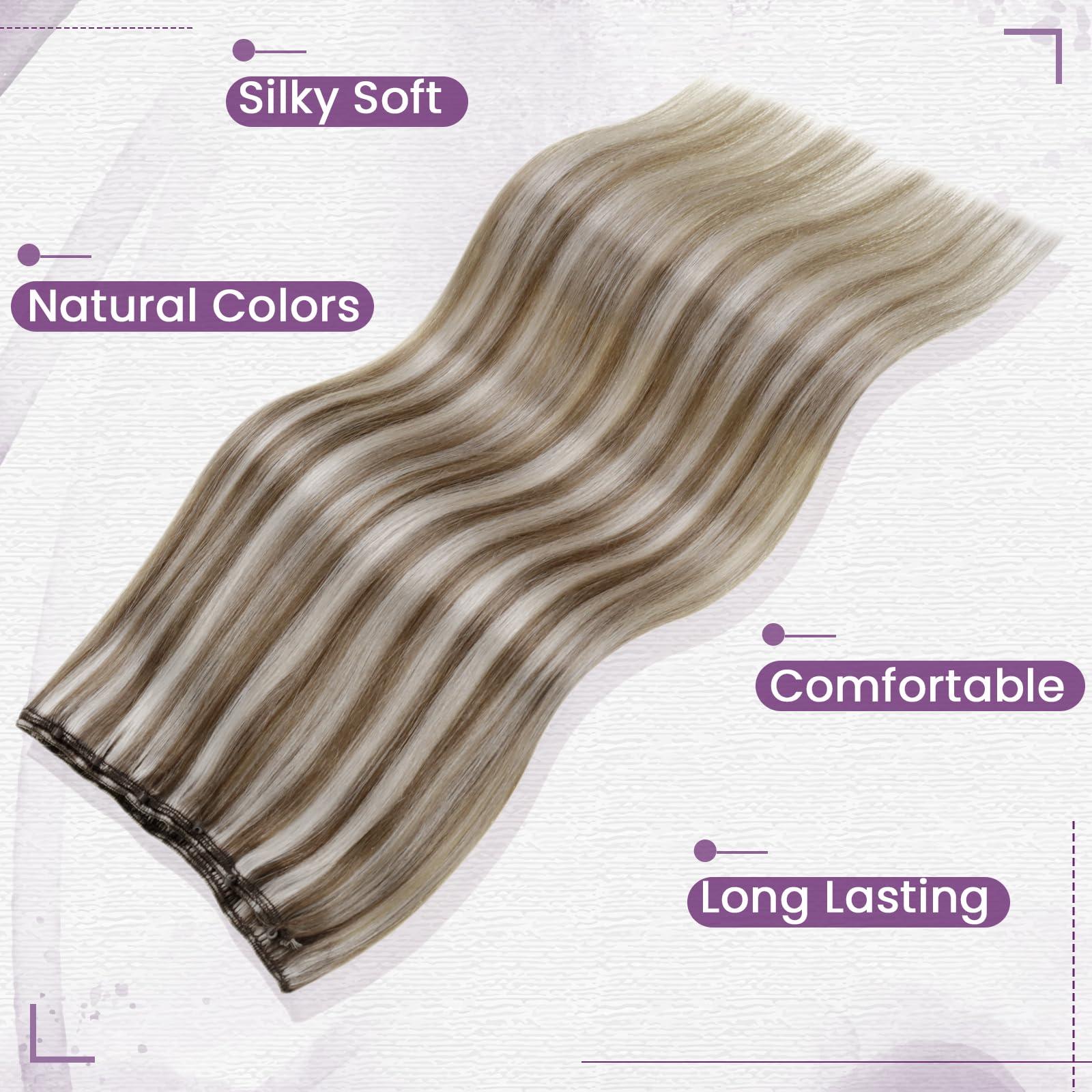 LAAVOO LaaVoo Beaded Weft Hair Extensions Human Hair Micro Bead Hair Extensions Real Human Hair Light Brown with Platinum Blonde Beaded Weft Human Hair Extensions Straight Weft Extensions 50G 20Inch