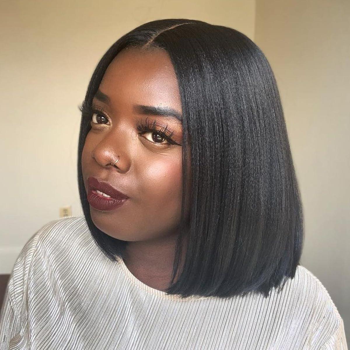 Kerriana 20 22 24 inch kinky straight bundles with 14 inch yaki straight 13x4 lace front bob wig