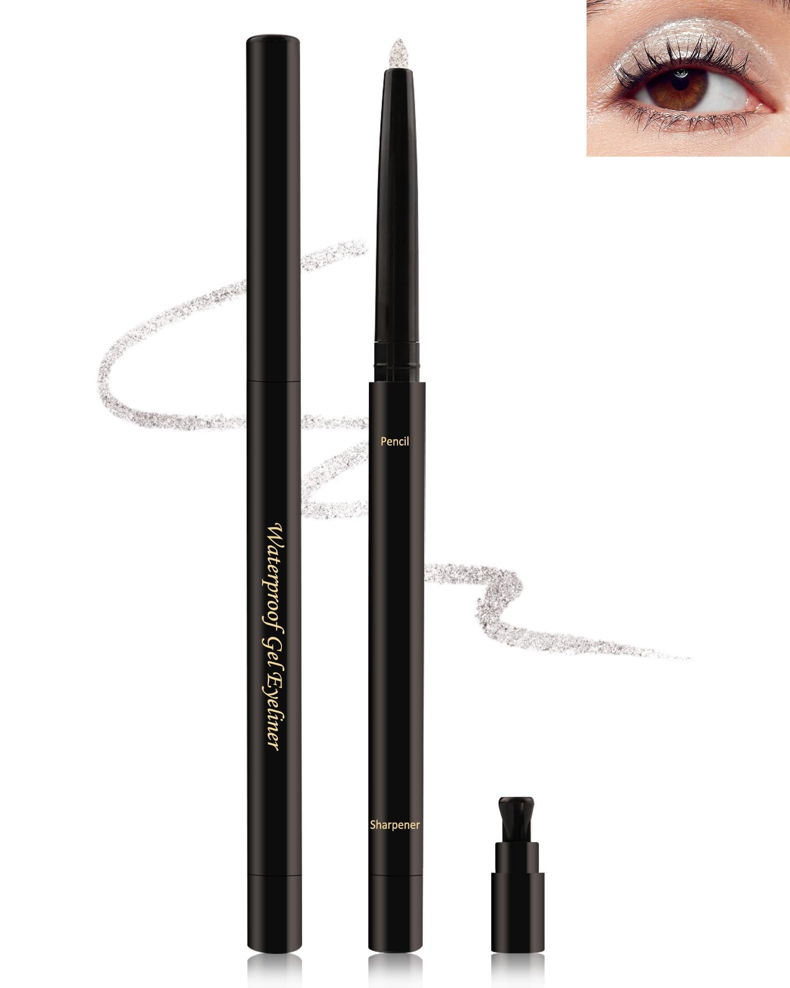 Lestpola White Glitter Eyeliner Pencil, Waterproof Smudge-Proof Long-Stay Retractable Eyeliner Pen, Cream Gel Eyeliner Waterline with Sharpener, Shimmer Highlighter Brightener Eye Liner Makeup Stick for Women