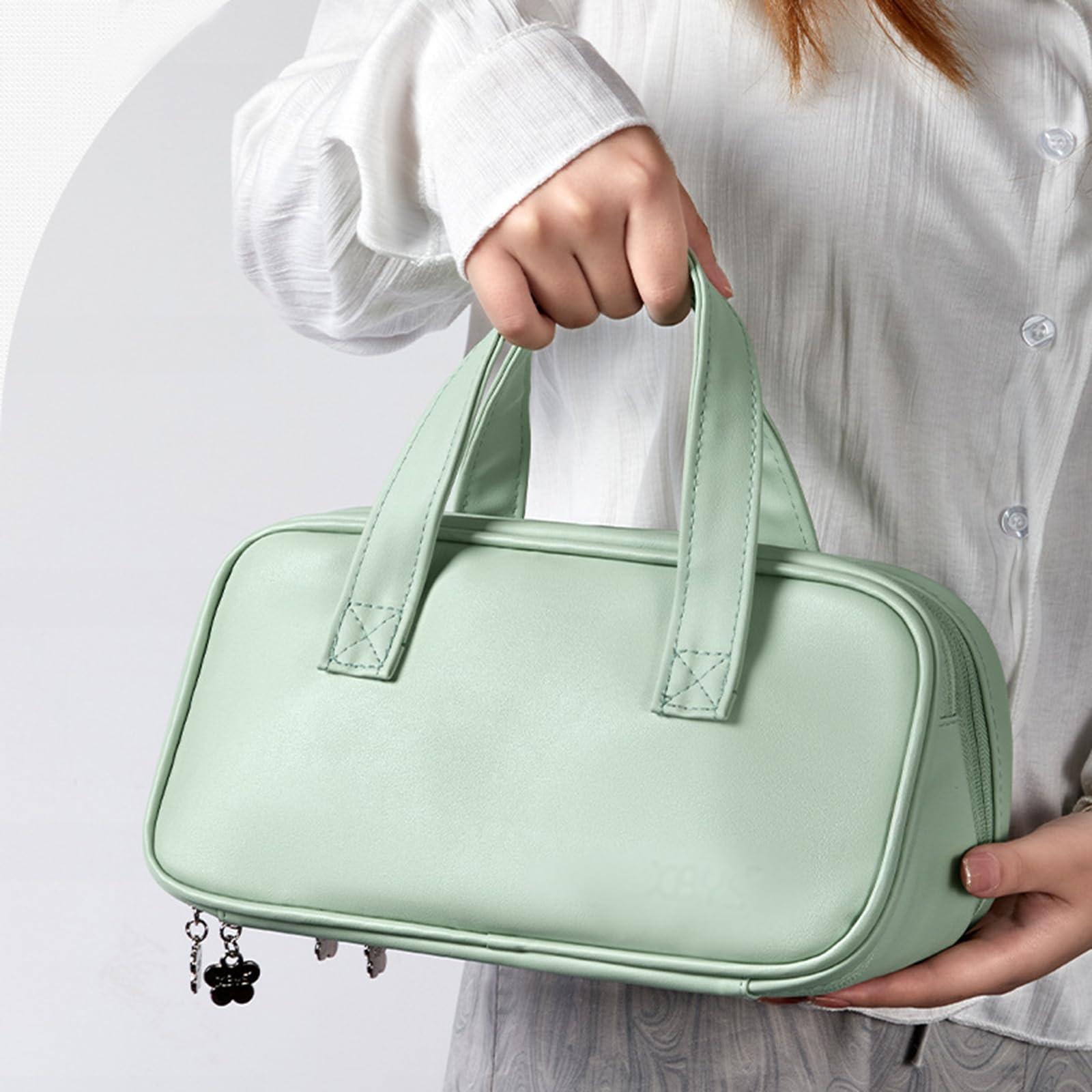 HACLEN Leather Cosmetic Bag, Makeup Bags for Women, Vanity Bag Travel Large Toiletry Bag Make Up Bag with Handle and Divider,Blue