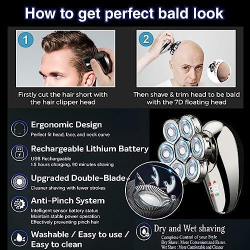 Baraz BaraZ Head Shavers for Bald Men, Anti-Pinch Electric Razor for Men, 7D Electric Shaver for Man, 6-in-1 Men\'s Grooming Kit with Beard, Nose Hair Trimmer, Hair Clippers, Wet and Dry Skull Shaver