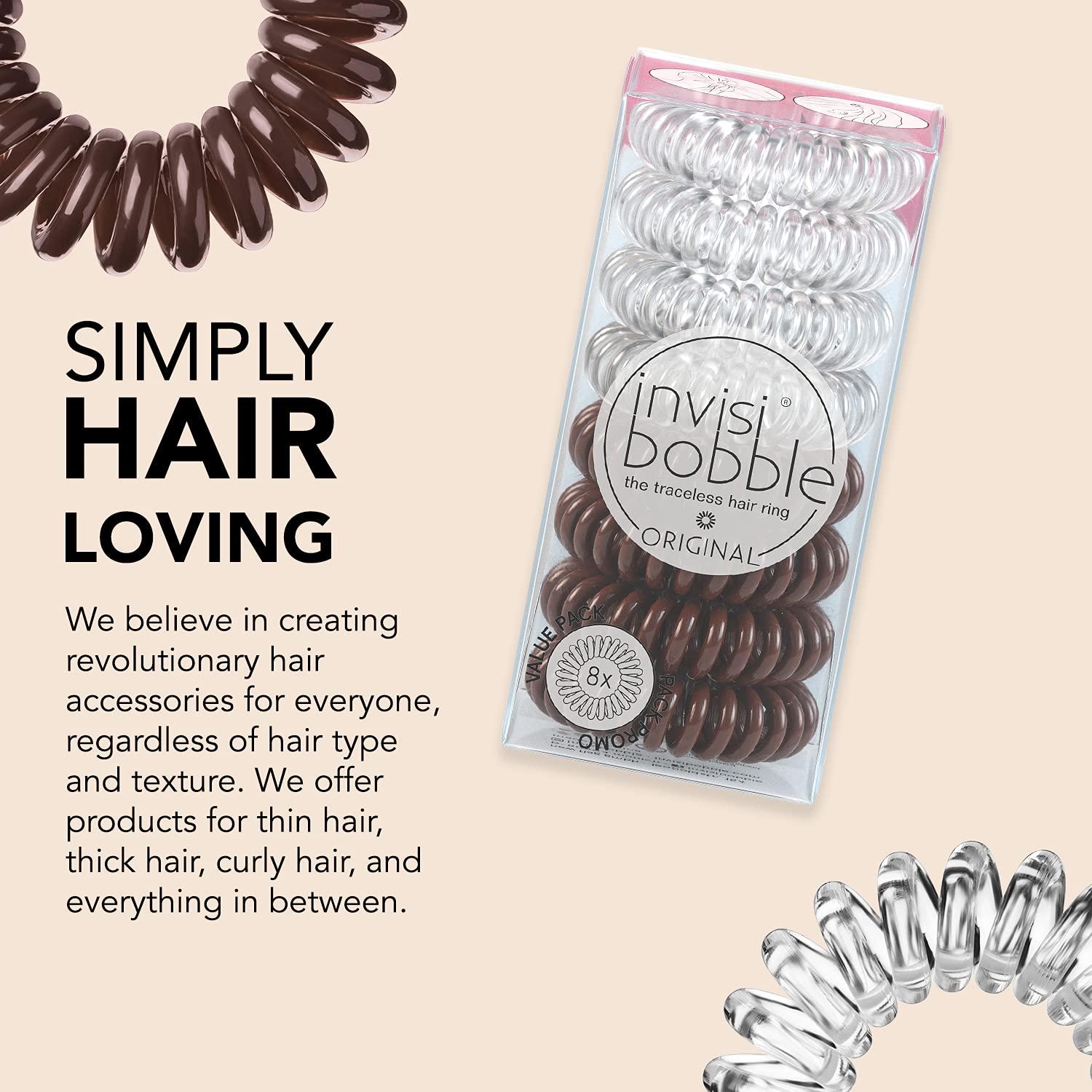 invisibobble invisibobble Original Traceless Spiral Hair Ties - Pack of 8, Crystal Clear and Pretzel Brown - Strong Elastic Grip Coil Accessories for Women - Non Soaking - Gentle for Girls Teens and Thick Hair