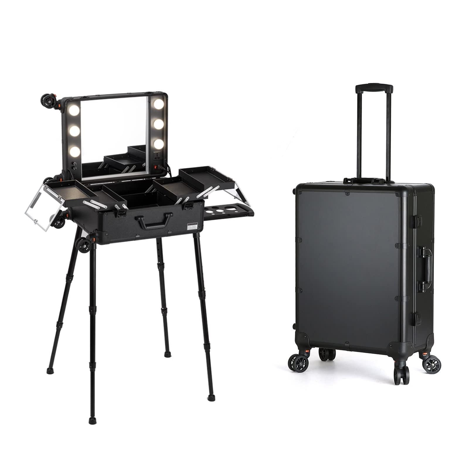 HJXGQJM HJXGQJM Aluminum Trolley Makeup Train Case With LED Lights Professional Cosmetic Organizer Studio With Wheels And Stands Rolling Lighted Makeup Vanity Station For Travel,black cosmetic case