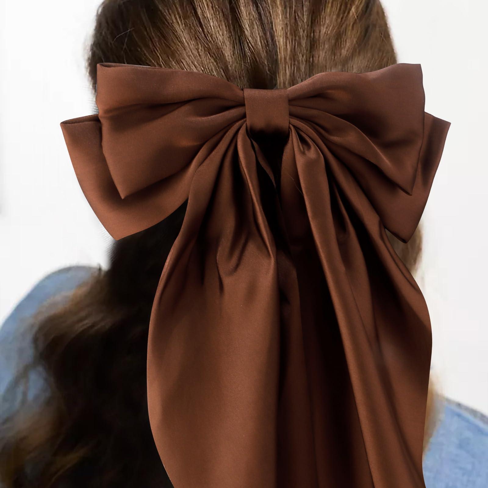 VELSCRUN Velscrun Hair Bows for Women Girls 3Pcs Brown Series Hair Bow Big Hair Bows Clip Silky Satin Large Hair Ribbons Oversized Long Tail Hair Bows Hair Barrettes Hair Accessories Gifts for Sisters