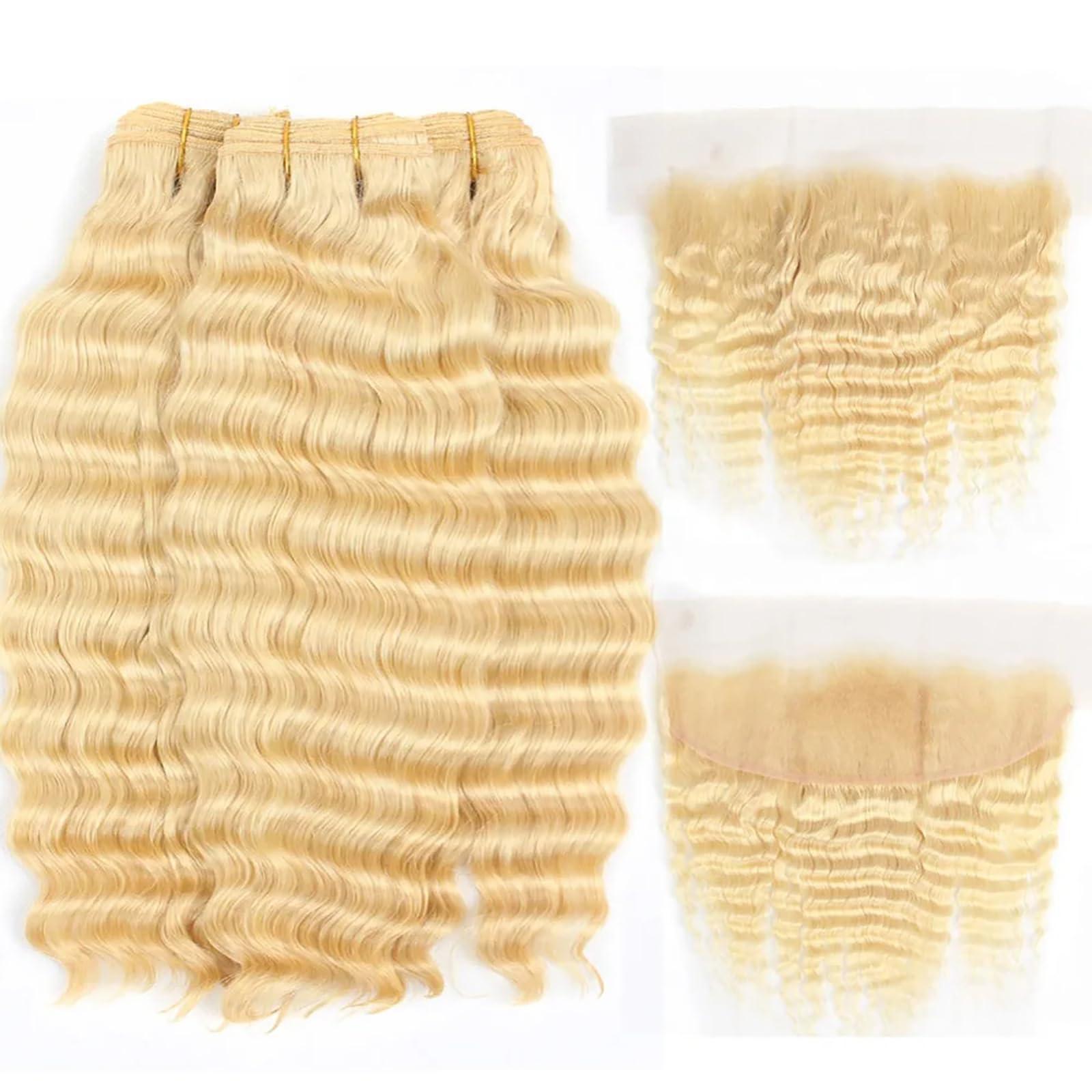 HOTLOVE HOTLOVE 613 Blonde Human Hair 3 Bundles with Frontal Brazilian Body Wave with Baby Hair Frontal 100% Ear to Ear Virgin Human Hair Weave with 13x4 Lace Frontal 24 26 28+20 Inch