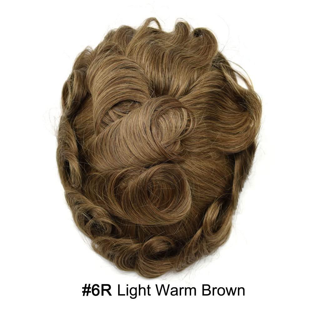 F M FACE MIRACLE NEW YORK Mens Toupee Hair System For Men 0.06mm Super Thin Skin V-looped Mens Hair Replacement System Natural Hairline Toupee For Men Poly Skin8"X10"#6R Light Warm Brown-100% Light To Medium density