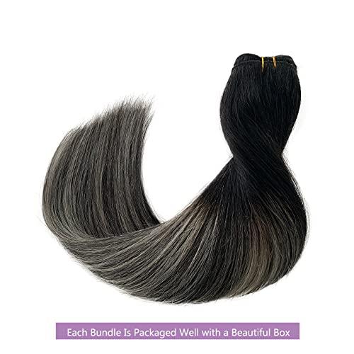 Licoville Silver Ombre Sew in Hair Extensions Human Hair Black and Gray Weft Hair Extensions Real Human Hair Sew in Balayage Black to Gray Highlights Hair Bundles 20 Inch 100grams