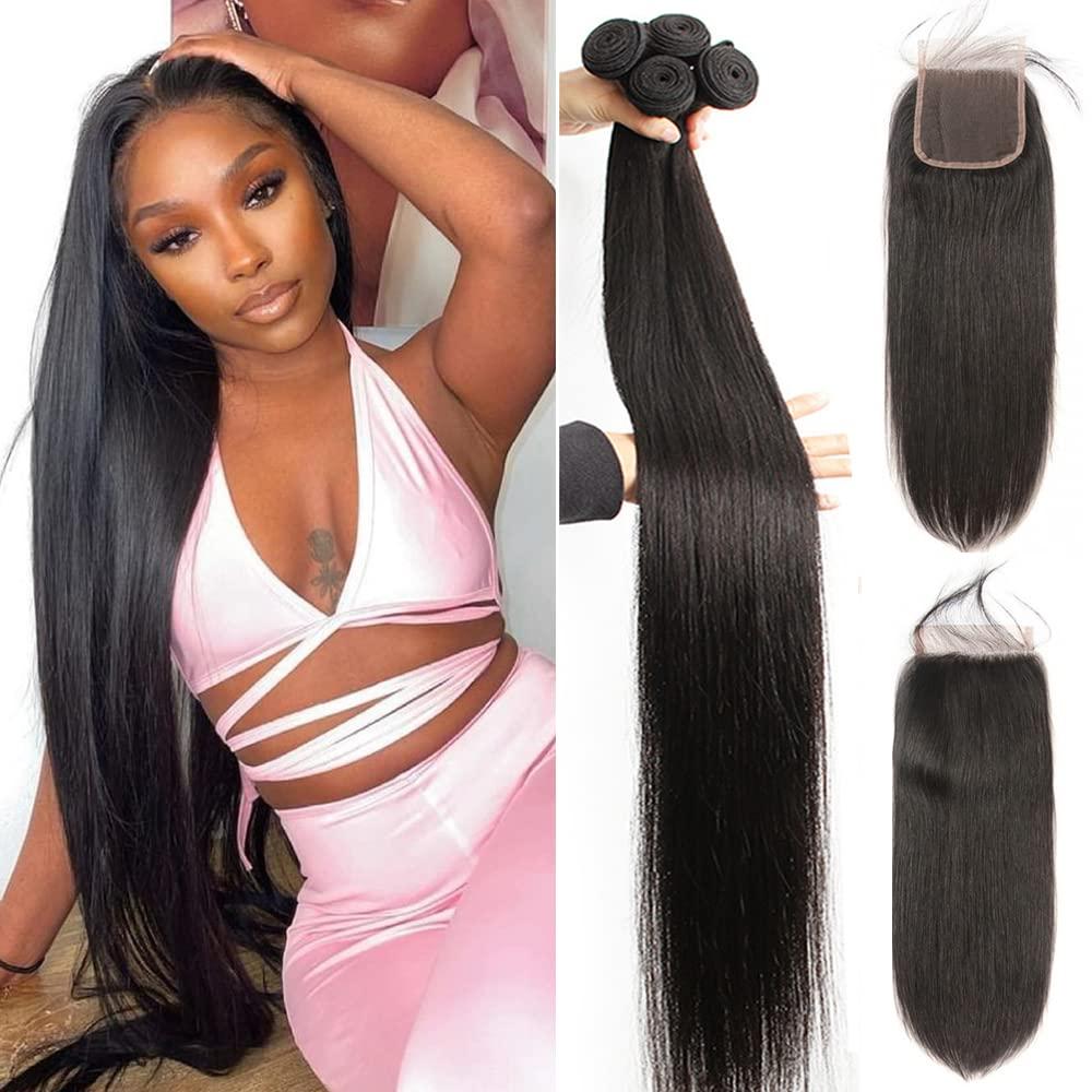 YISEA Brazilian Straight Hair Bundles with Lace Closure(18 20 22 24+16 Closure) 100% Unprocessed Human Hair 4 Bundles with 4x4 Lace Closure Brazilian Virgin Human Hair Bundles