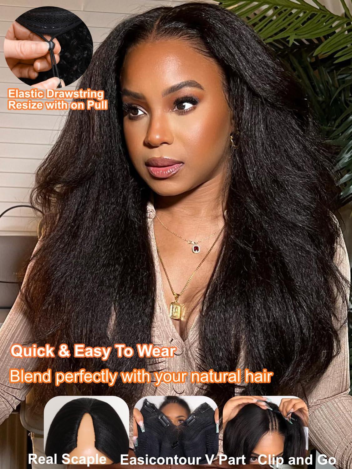 Julia Hair Julia Hair V Part Human Hair Wig Kinky Straight for Women Glueless Wigs Brazilian Virgin Human Hair Wigs Upgrade Upart Wig No Leave Out No Glue No Sew Natural Black Beginner Friendly 16 Inch
