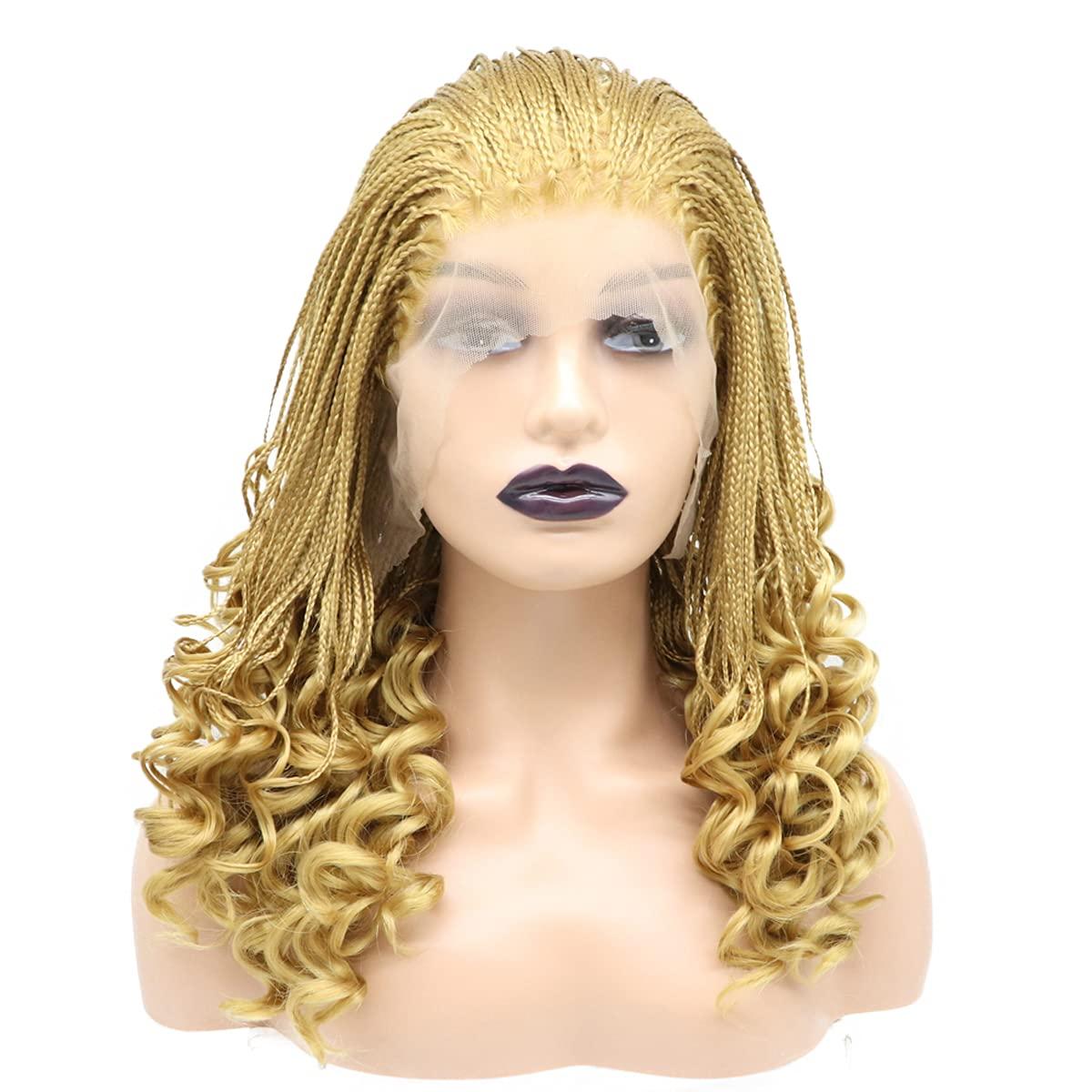 karissa Hair 613 Blonde Braided Wigs for Black Women Short Micro Braids Curly Lace Front Synthetic Wig Pre Plucked Hairline Gold Frontal Handmade Braiding Glueless Heat Friendly Hair Daily Cosplay Party 16Inch