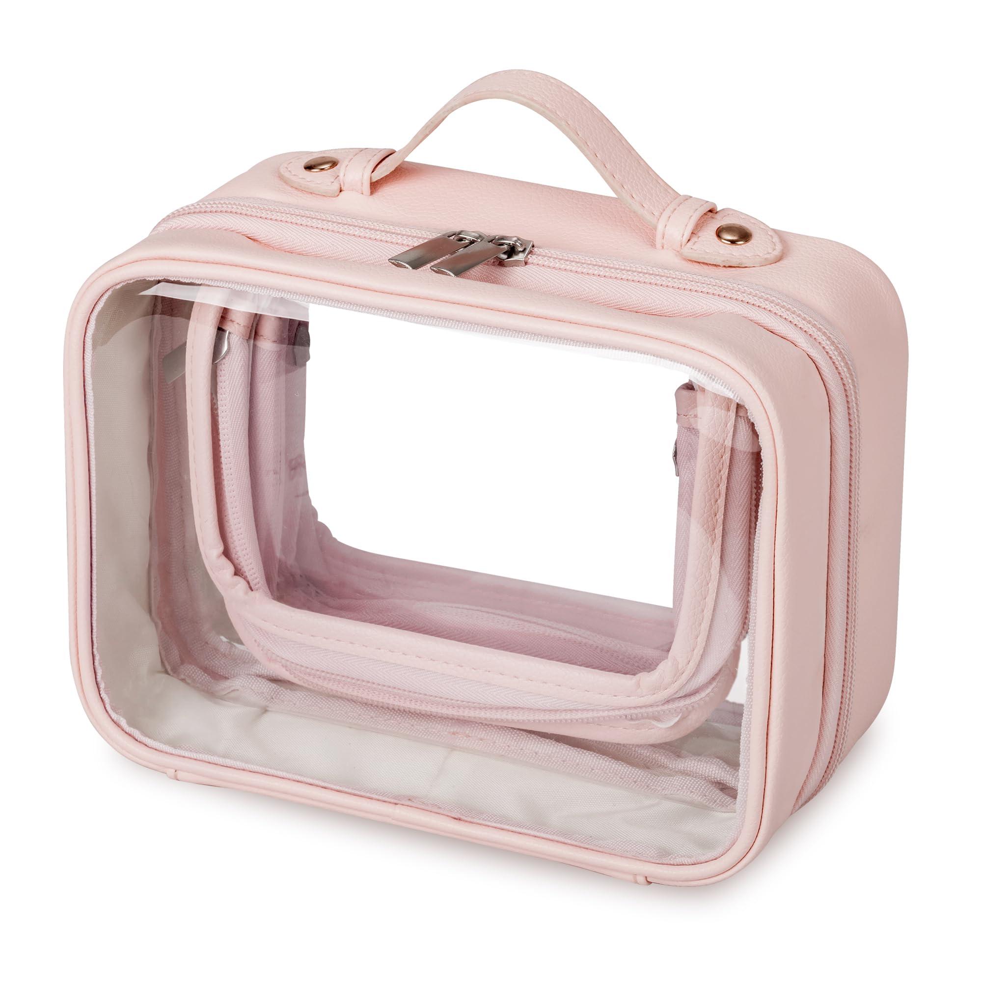 GRANNY SAYS GRANNY SAYS TSA Approved Toiletry Bag, Clear Makeup Bag, Travel Toiletry Bag for Women, Leather Travel Cosmetic Bag, Portable PVC Waterproof Bag, Small Makeup Organizer, Pink