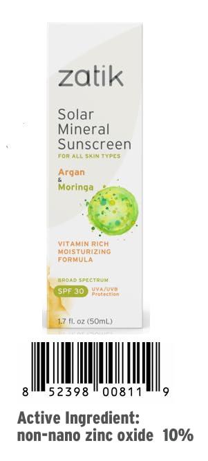 Zatik Zatik Naturals - Solar Mineral Sunscreen with Argan and Moringa, Vitamin and Mineral-Based Solar Protection, Vegan, Non-GMO, pH Balanced, FREE from Gluten, Soy, Alcohol. 1.7 fl oz, 50 ml