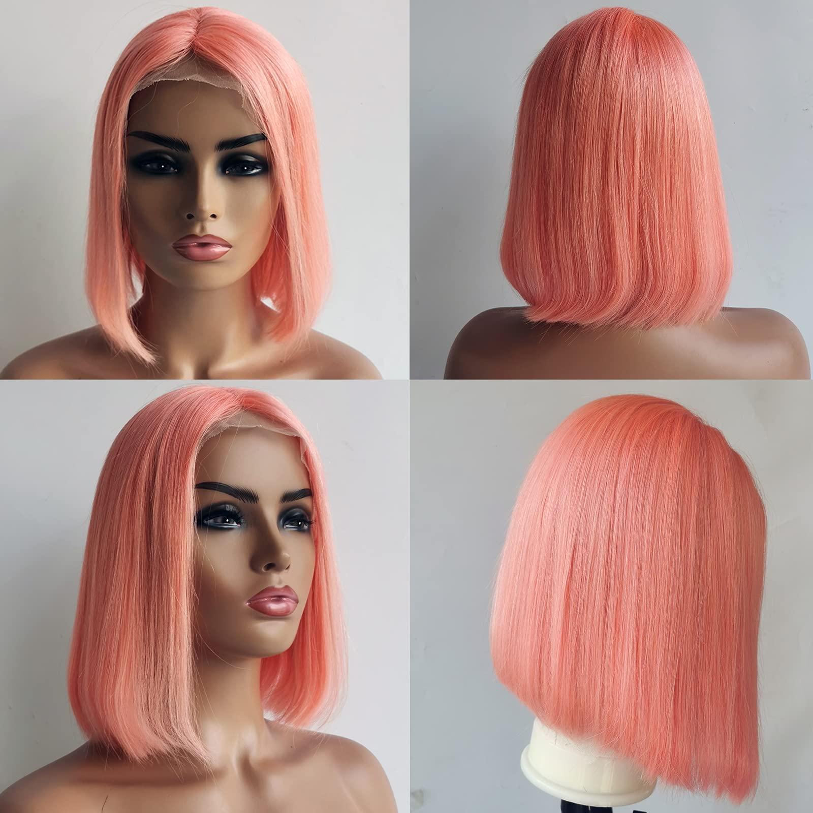 Blonlier Real Human Hair Bob Wigs, Glueless Lace Front Wig, Pre Plucked with Baby Hair, Short Pink Colored Bob, for Black Women, 14 inch Straight 150% Density Full Ends