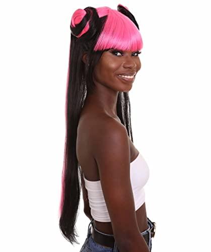 HPO HPO Adult Women's Pinned Up Double Bun China Doll Rapper Wig - Electric Pink and Black Hair - Capless Cap Design