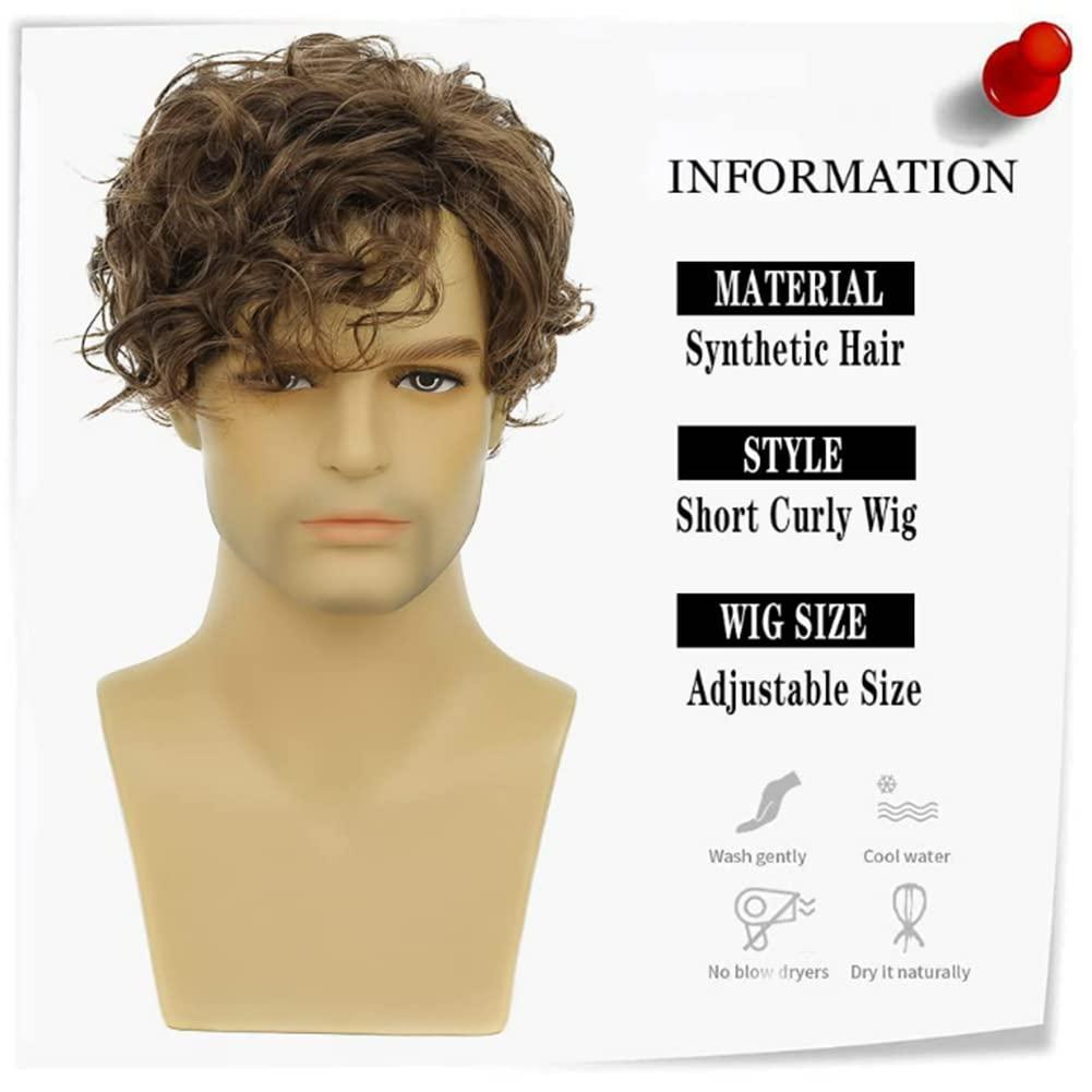 Tseses Tseses Short Brown Wigs for Men Curly Layered Natural Looking Side Part Hair Heat Resistant Synthetic Wigs with Wig Cap (Brown)