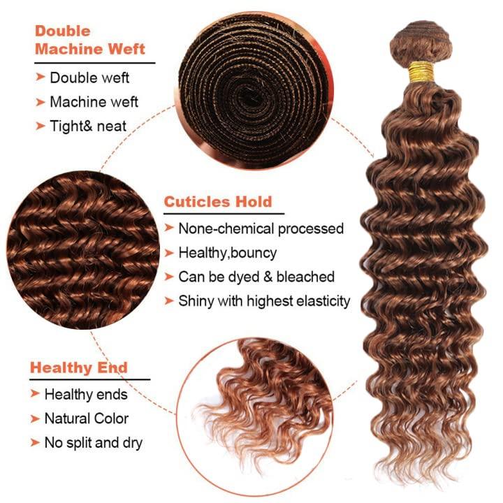 ZevPiul 30 Inch Color #30 Deep Wave Bundle Brown Bundle Human Hair Weave 8A Brazilian Virgin Wet and Wavy Bundle Double Weft Brown Loose Deep Wave Bundle Human Hair Extensions