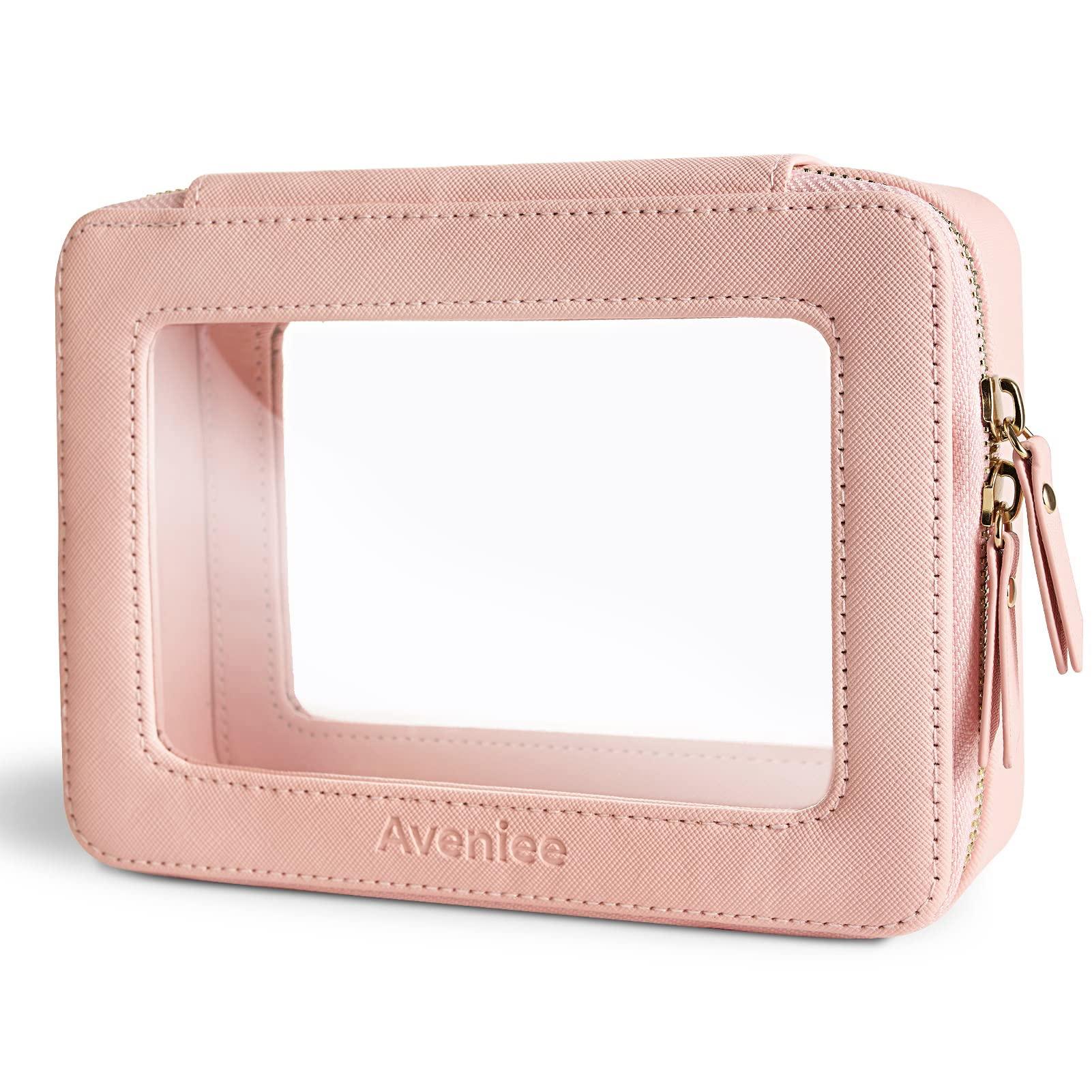 Aveniee Aveniee Clear Makeup Bag Organizer, Portable Travel Toiletry Cosmetic Bag Case for Women, Heavy Duty Make Up Pouch with Transparent Vinyl Windows & Gold Zippers(Pink)