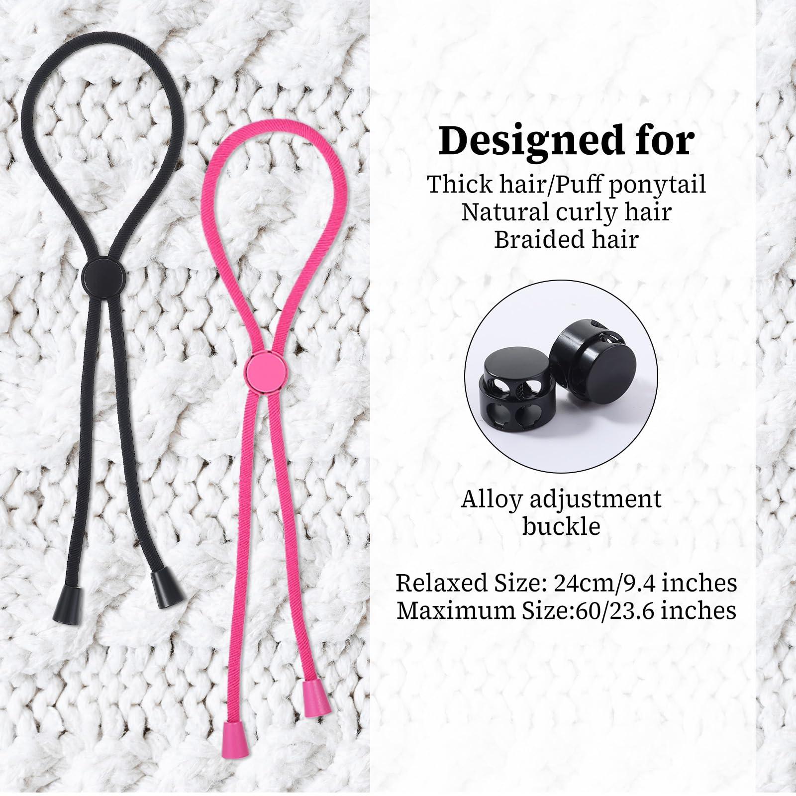 Abeillo 6 Pcs Long Adjustable Hair Ties for Thick Hair, Afro Puff Ponytail Ties for Natural Curly Hair, Afro Hair Accessories for Women Hair Bun, High Puff and Updos (Black, Pink)