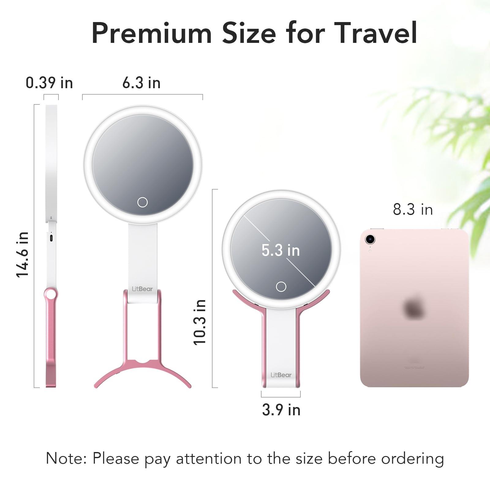 LitBear LitBear Travel Makeup Mirror with Lights, Rechargeable Double-Sided 10X/1X Magnifying Mirror, Portable Lighted Beauty Mirror, 3 Color Lighting, Dimmable Touch Screen, Tabletop Handhold Hanging (White)