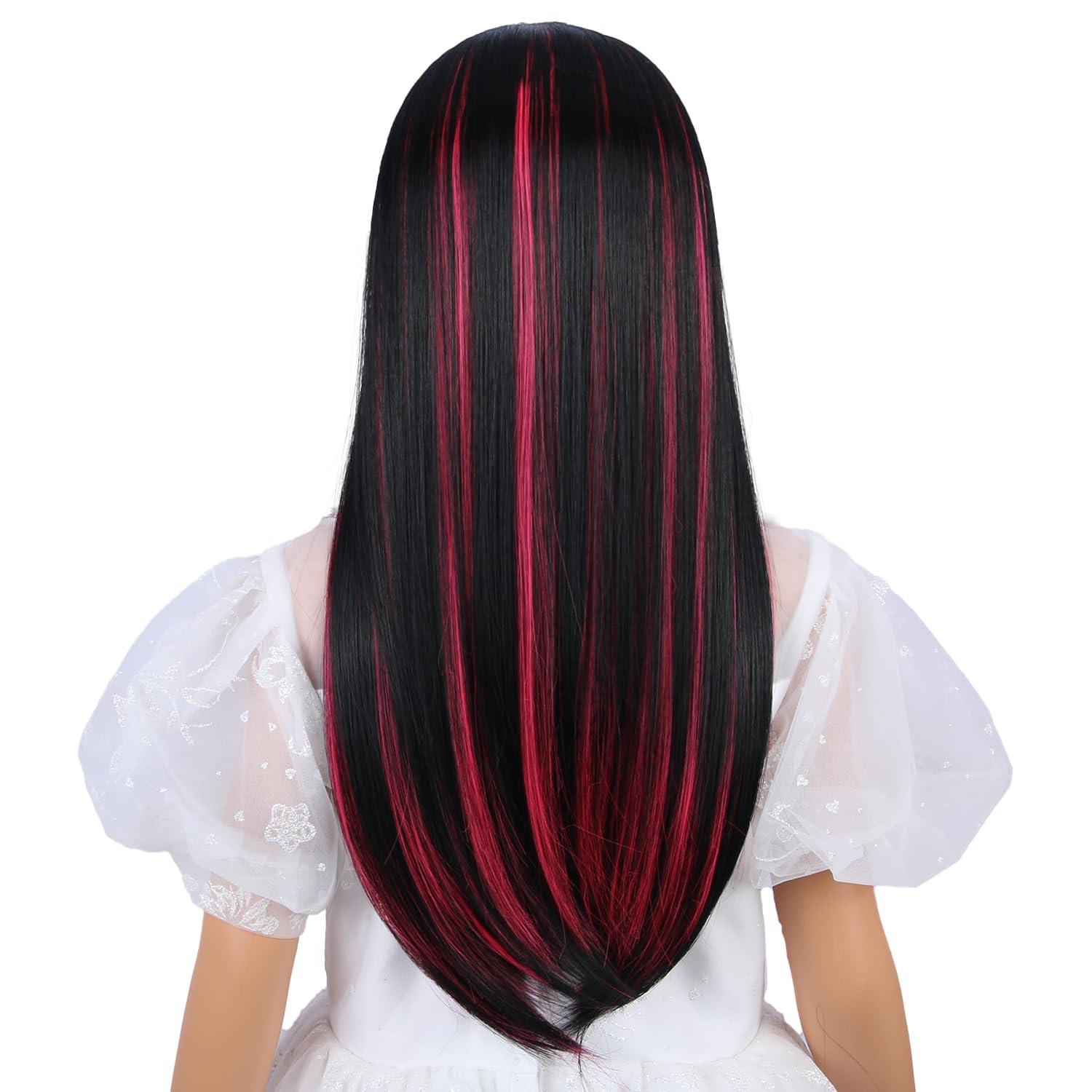 WAVELNM WAVELNM Kids Black and Pink Wig with Bangs Child Black Wig with Pink Highlight Long Straight Wigs for Kids Girls Daily Halloween Cosplay Wigs