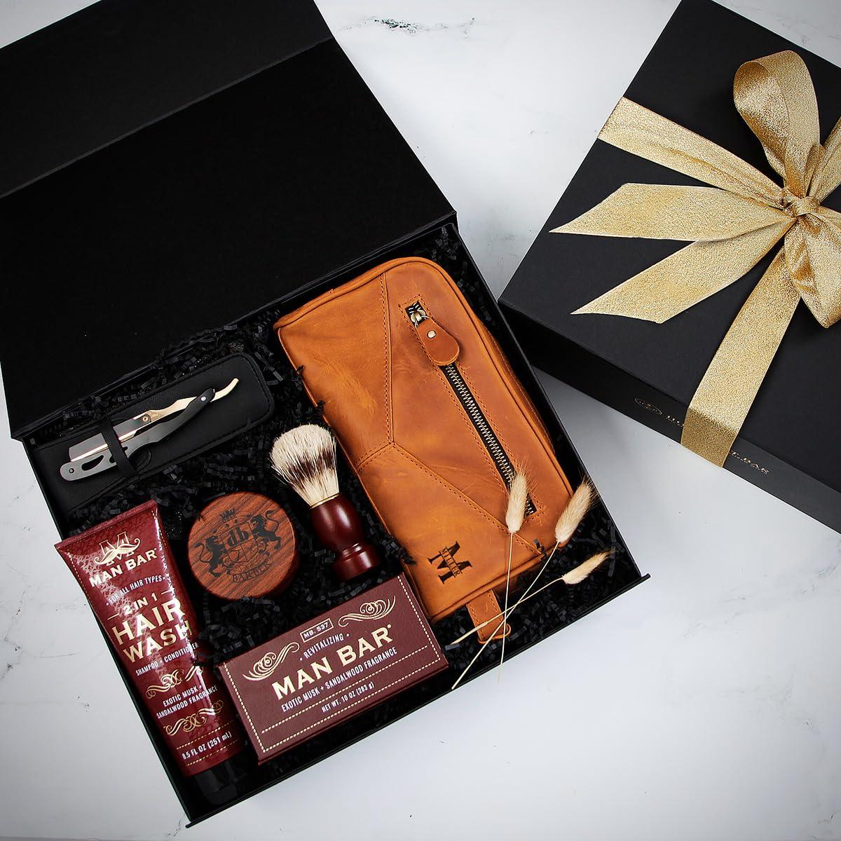 HomeWetBar Luxury Mens Shaving Kit with Beckham Travel Toiletry Bag, Leather