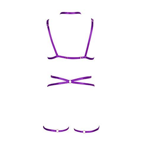 PUKHSS Women Body Harness Strappy High Elasticity Full Body Set with Cup Set for Valentine's Day Present (Purple)