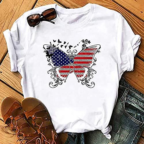 niaanieaie Women's Tops for Independence Day Floral Tops V/O Neck Printed Basic Loose Casual(White,XL)