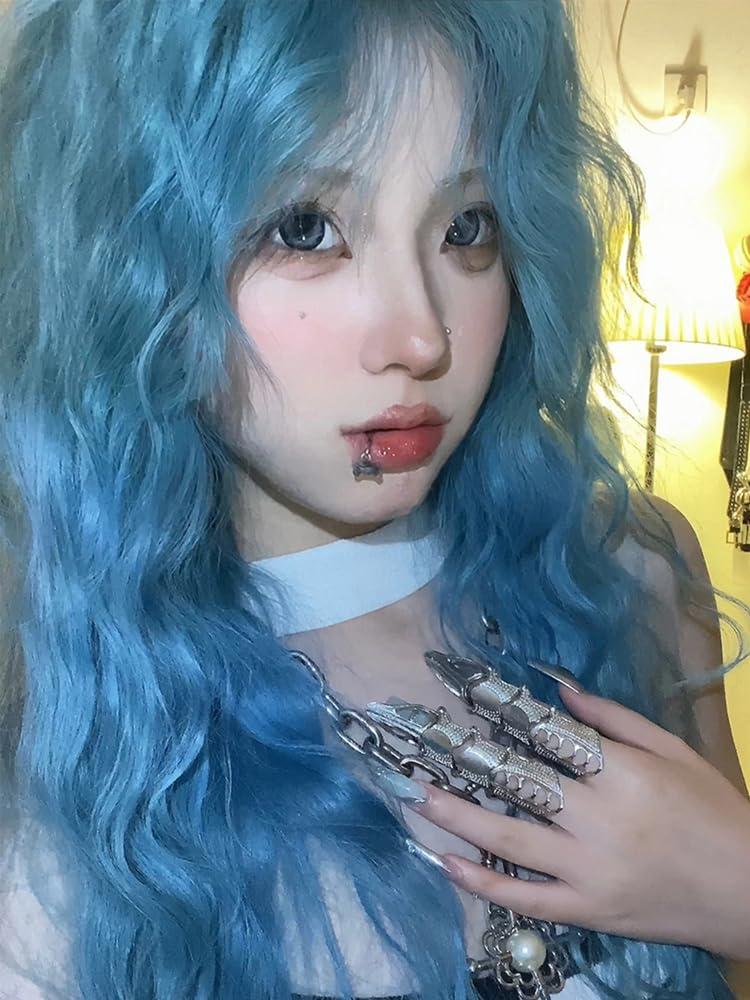 huafan luxkazya huafan luxkazya Blue Wig Long Curly Wig with Bangs Lolita Wig Long Wavy Synthetic Wig for Women Daily Party Use