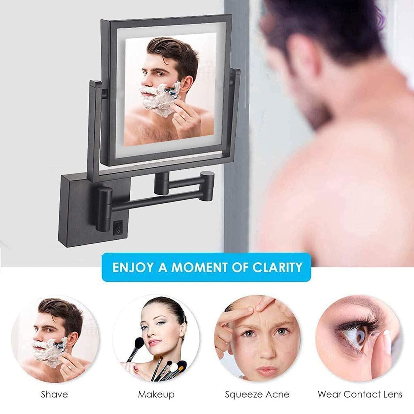 MUENG Shaving Mirror Wall Mounted with LED Lighted Rechargeable Double Sided 3X Magnifying 360 Rotation Cosmetic Vanity Mirror Extendable Arm for Bathroom Hotel