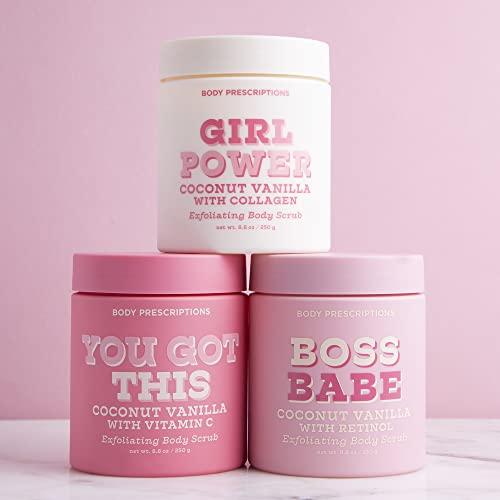 Body Prescriptions Exfoliating Body Scrub 3 Pack Minis, Daily Body Wash Infused with Collagen, Vitamin C, and Retinol 8.82 oz | Body Prescriptions