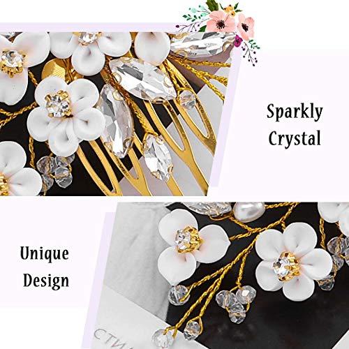 Barode Barode Bridal Wedding Hair Comb Silver Flower Rhinestone Sparkly Crystal Bride Leaf Side Combs Pearl Hair Accessories for Women and Girls (Gold)