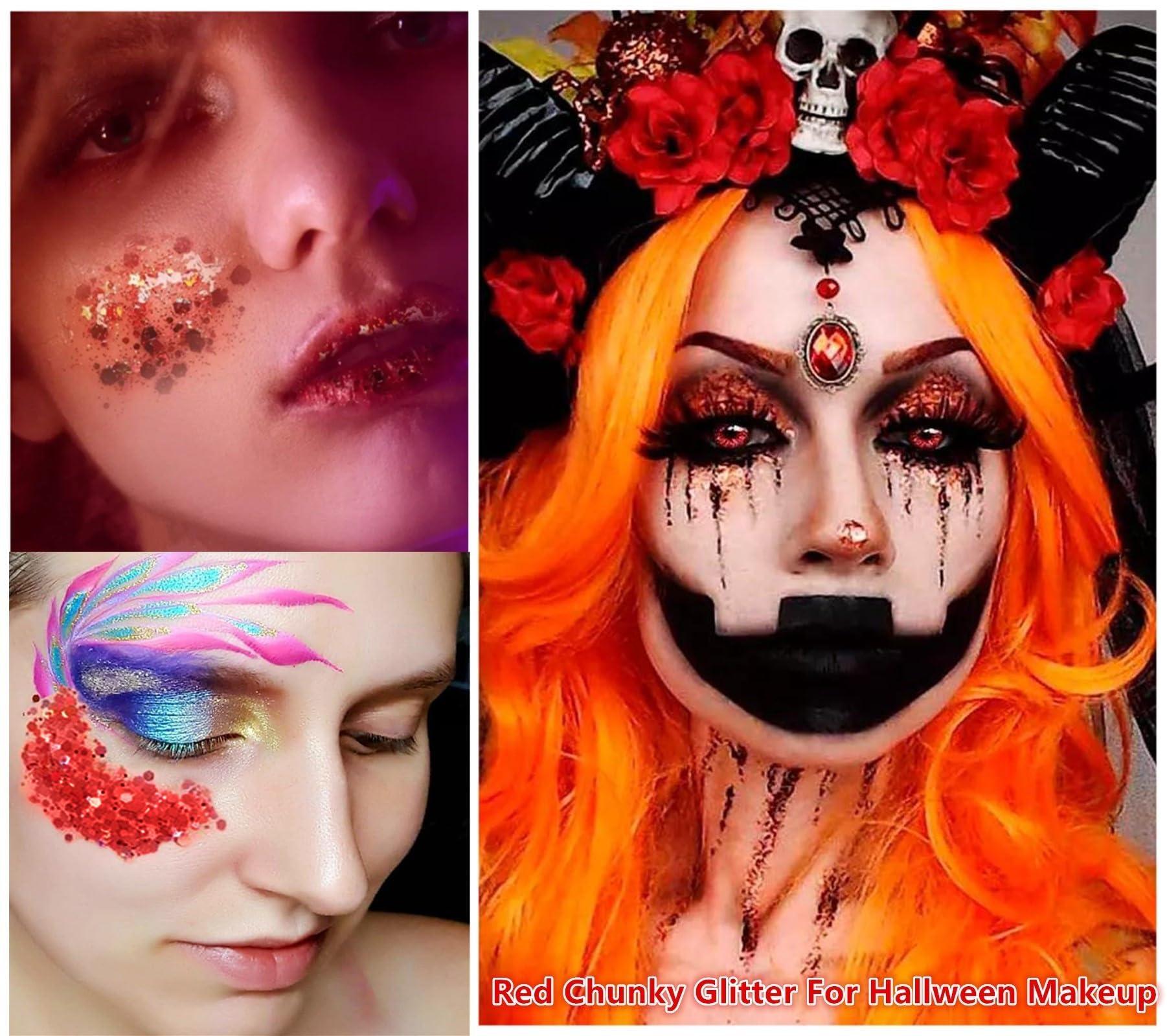 Go Ho Go Ho Red and White Body Glitter Set,Singer Concerts Face Glitter Gel Makeup,Holographic Long Lasting Chunky Sequins Glitters for Eye Lip Hair Nails,Festival Rave Accessories,Red&White