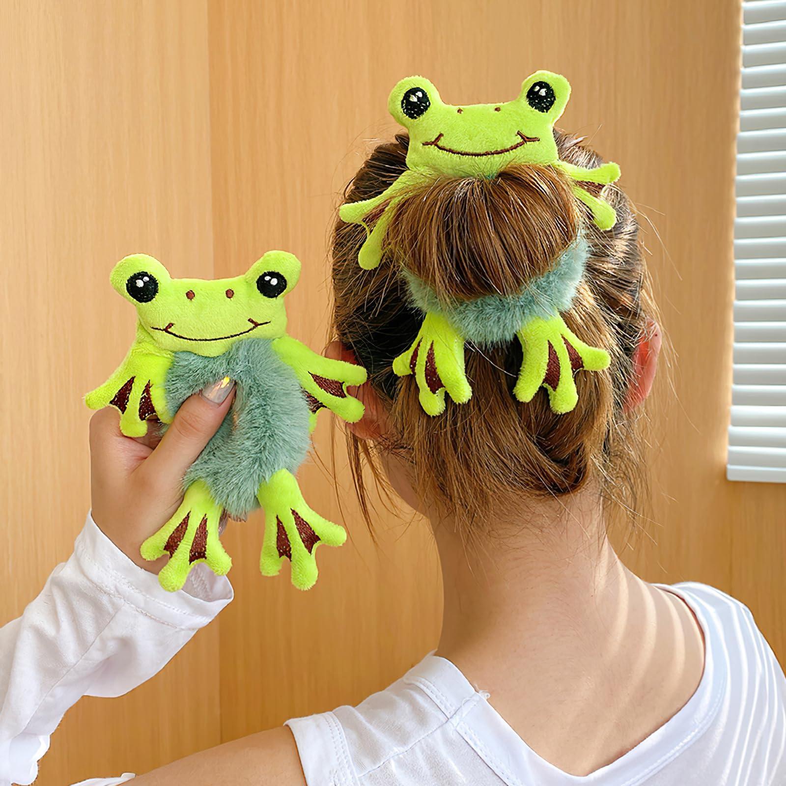 DUOJINSANXI Plush Hair Tie, Cute Frog Hairband, Plush Hair Rope Scrunchies, Frog Ponytail Holder Headhand for Women Girls Hair Styling Tool (Green)