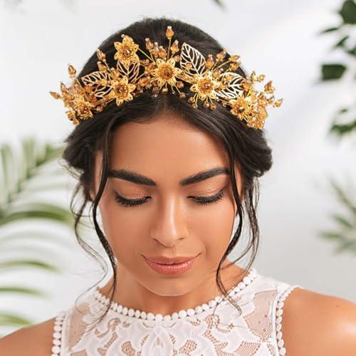 Woeoe Woeoe Crystal Queen Headband Gold Bridal Headpiece Women Headwear with Combs for Bride Wedding Birthday Party