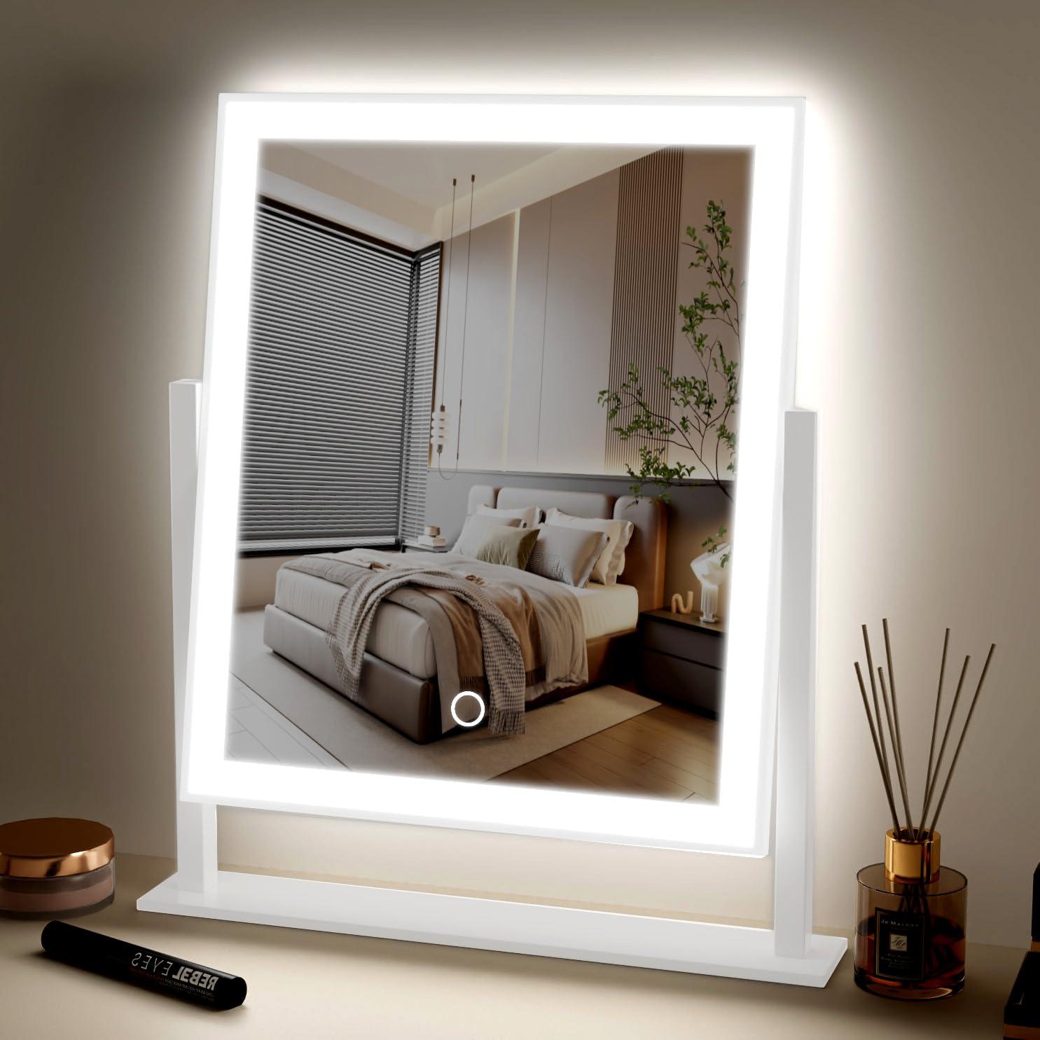 dicheng Lighted Makeup Mirror Hollywood Mirror Vanity Makeup Mirror with Light Smart Touch Control 3Colors Dimable Light 360°Rotation (16in, White)