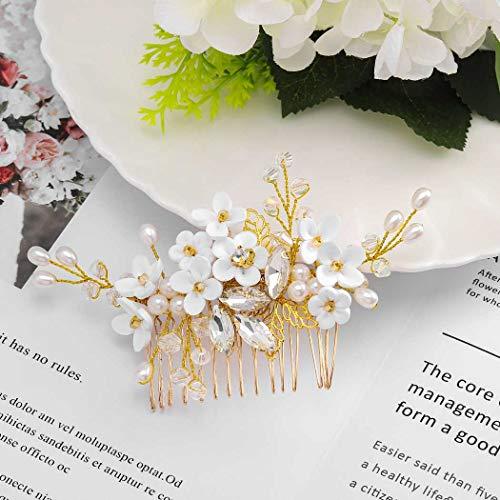 Barode Barode Bridal Wedding Hair Comb Flower Silver Sparkly Rhinestone Side Combs Crystal Bride Leaf Pearl Hair Accessories for Women and Girls (Gold)