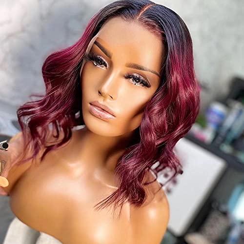 Imeya Imeya 12 Inch Ombre Dark to Burgundy Wig Human Hair Body Wave Lace Front 13x6 Transparent Lace Short Wave Wig for Black Women Brazilian Remy Hair Pre Plucked Bleached Knots Lace 150% Density