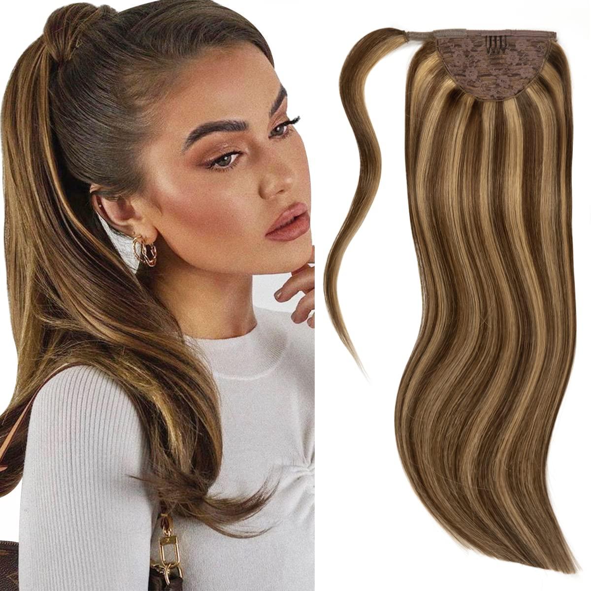 Lacer Lacer Real Hair Ponytail Extension Ombre Chocolate Brown to Caramel Blonde Pony Tails Extensions Human Hair Long Straight Wrap Around Human Hair Ponytails for Women Hair Piece 22 Inch 90g