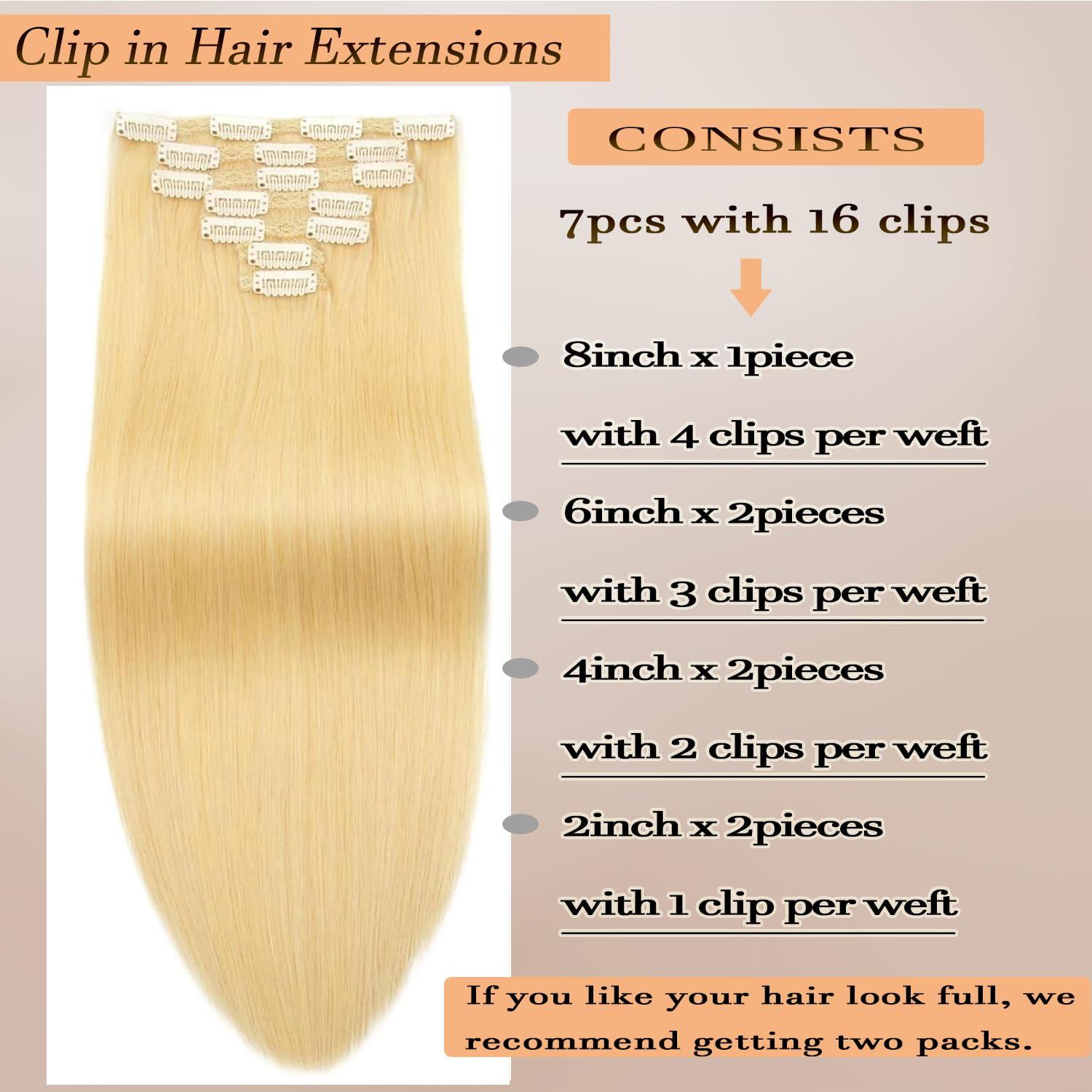 Houlud Blonde Clip in Hair Extensions Real Human Hair Straight 24 Inch 7pcs 120g Clip ins Hair Extensions Brazilian Remy Human Hair 16 Clips Double Weft Human Hair For Women