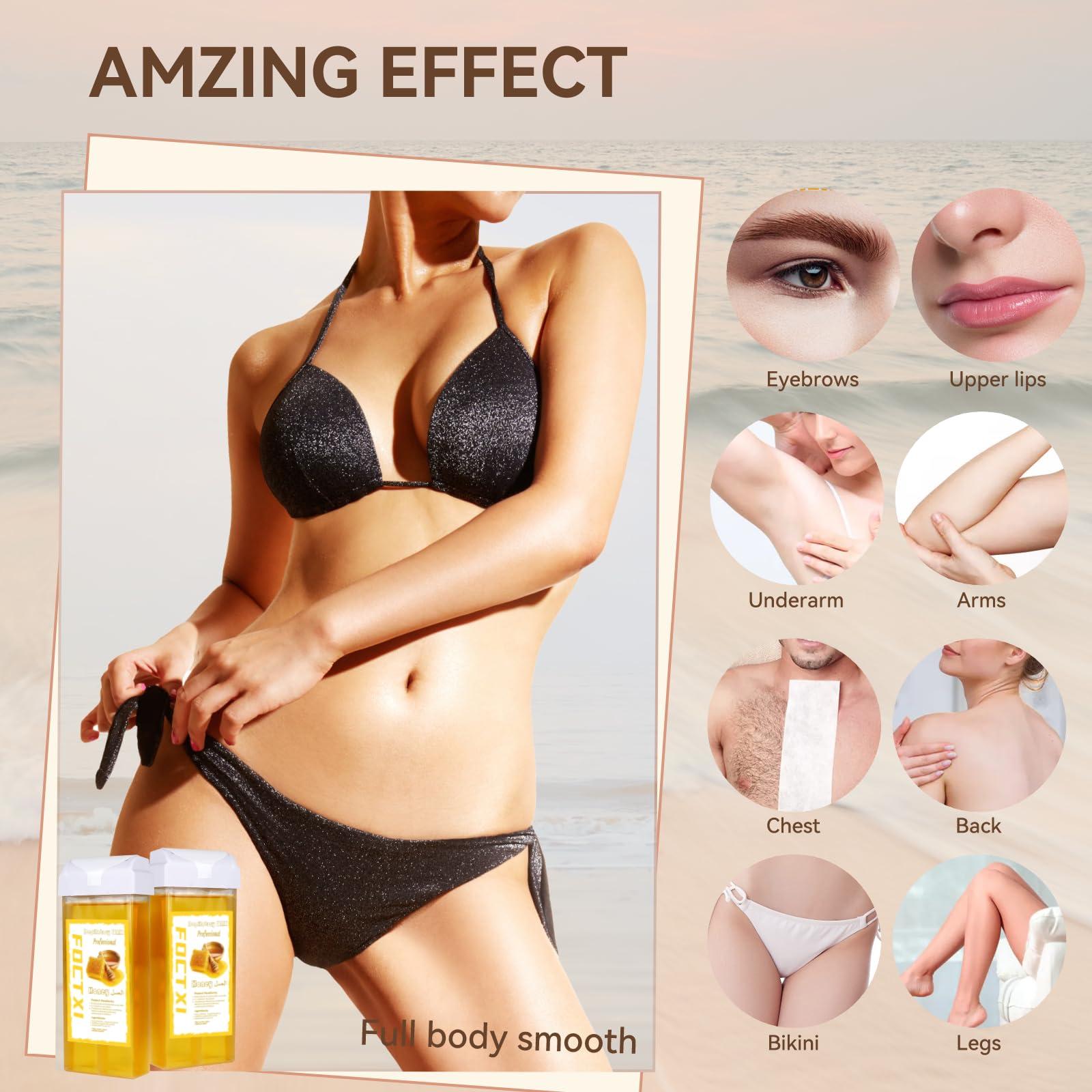 FOCTXI FOCTXI Roll On Waxing Kit for Sensitive Skin - Hair Removal with 2 Honey Soft Wax Cartridges and 100 Non-Woven Wax Strips, 10 Wipes