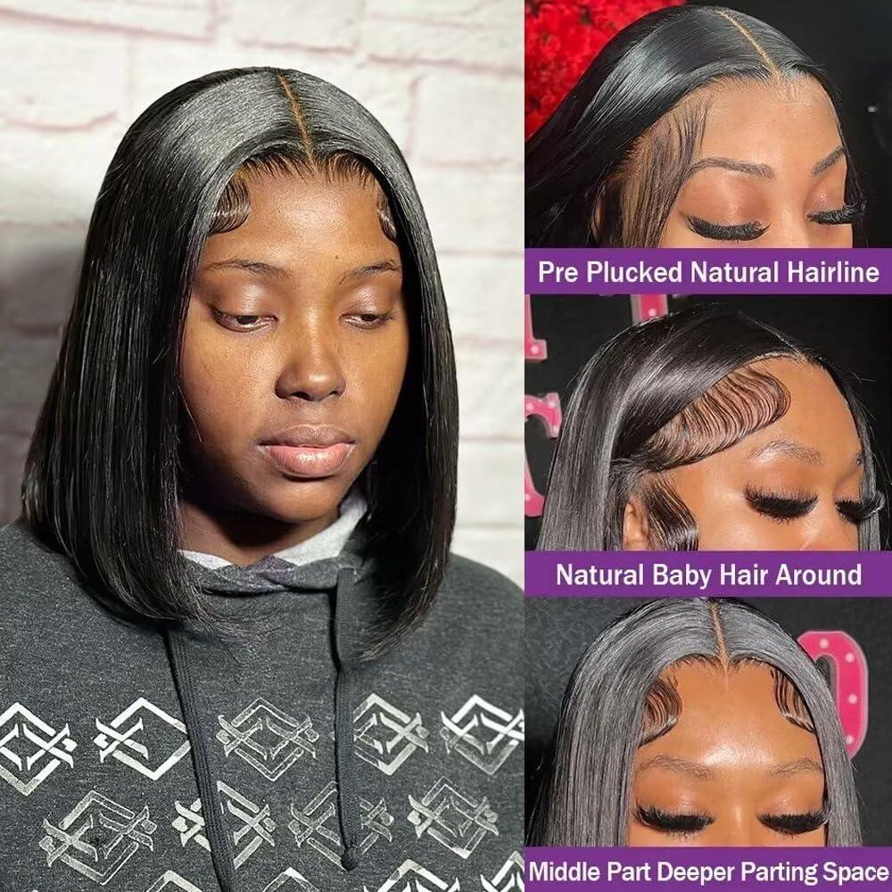oulaer Short Bob Cut Wigs 180% Density Bone Straight Human Hair Wig For Black Women HD Transparent Lace Front Wig Pre Plucked With Baby Hair Brazilian Virgin Hair Short Wigs Bleached Knots 16Inch